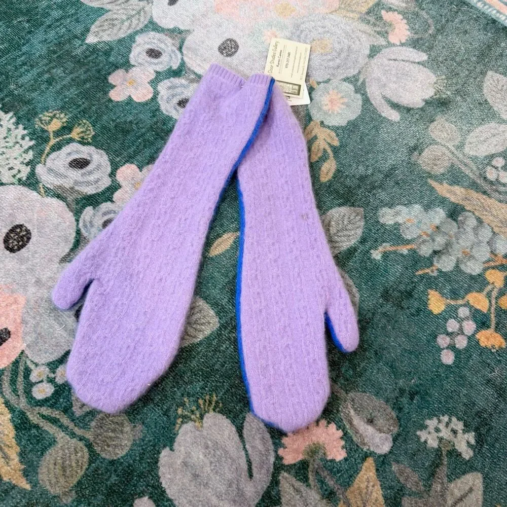 Cashmere Mittens Long Upcycled Handmade Blue Purple Knit Gloves Womens Adult NWT